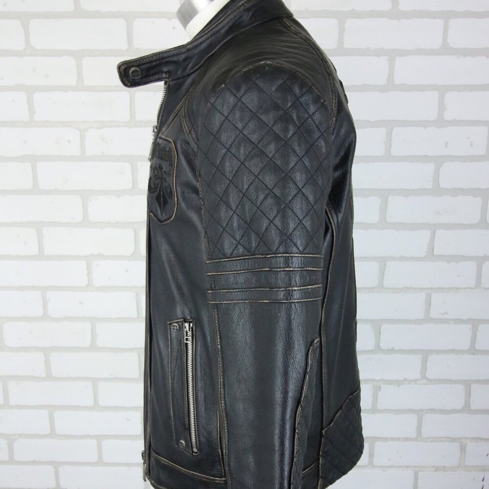 Affliction Black Premium Limited Leather Jacket Mens L fits Slim Cross Back Moto - Picture 4 of 16